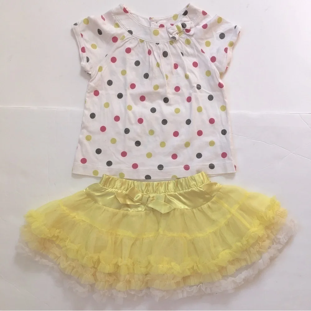 Bundle 2-Pcs Matching Sets Baby Girls Polka Dots White Top Yellow Tutu Skirt